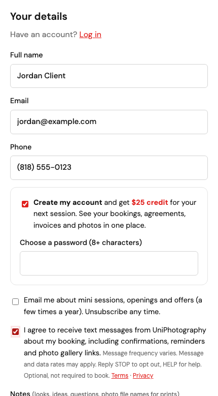 Checkout form with the optional, unchecked box: I agree to receive text messages from UniPhotography about my booking